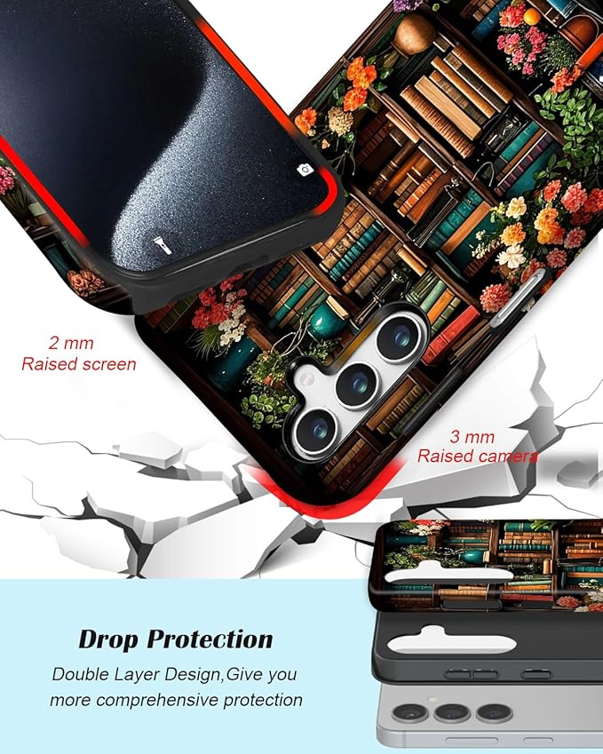 Compatible for Samsung Galaxy A16 5G Case, Dual Layer Heavy Duty 2 in 1 Shockproof Protective Phone Case,Flowers Bookshelf