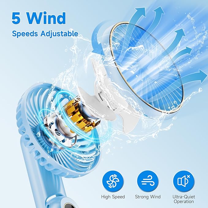 Portable Handheld Fan, [Up to 15 Working Hours],180° Foldable Personal Fan, USB Rechargeable Mini Hand Fans for Travel/Summer/Outdoor/Office, 5 Speeds Adjustable, LED Display,Blue