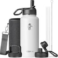 Coolflask Water Bottle 32 oz Insulated with Straw, Stainless Steel Metal 3 Lids Water Flask Wide Mouth for Sports or Office, Non-BPA Keep Cold Up to 48 Hrs or Hot Up to 24 Hrs, White