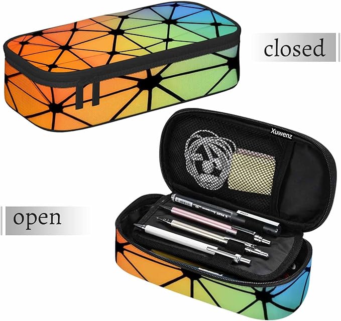 Abstract Lines Pencil Case Organizer Geometric Triangles Fluorescent Neon Stationery Box Makeup Box School Supply for Boy Girl Men Women