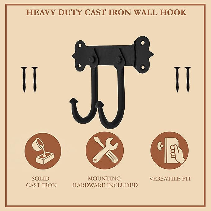 Mystic Colonial Rustic Cast Iron Wall Hanger – Heavy Duty Retro Utility Hooks, Multi-Purpose Wall Mount Hanger for Hanging Coats, Bags, Towels, Robes, Hats & More, Black