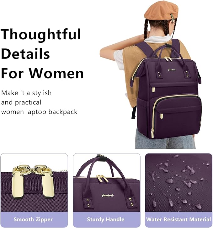 Focdod Laptop Backpack for Women Work Bags - 15.6 Inch Professional Womens Travel Backpack Purse Computer Laptop Bag Nurse Teacher Backpack Waterproof Carry on Back Pack Dark Purple