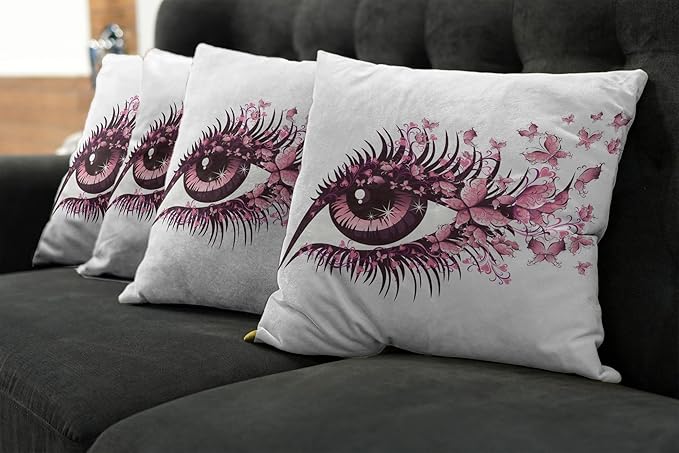 Ambesonne Butterflies Throw Pillow Cushion Case Pack of 4, Female Eye Eyelashes Mascara Stare Party Makeup Animal Print, Modern Accent Double-Sided Digital Printing, 24", Pink White
