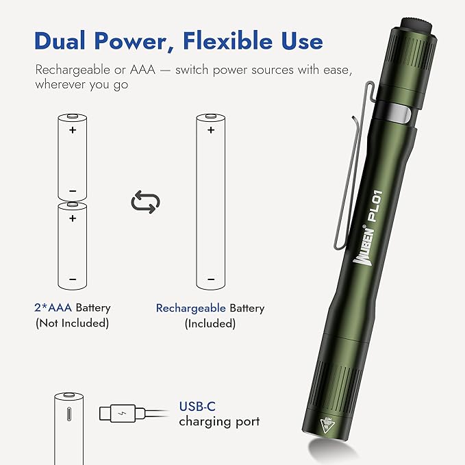 WUBEN PL01 Pen Light, 650 Lumens Pocket EDC Flashlight Rechargeable, Bright LED Pen Flashlight, IP68 Handheld Flash Lights, Compatible 2 AAA Battery for Home, Outdoor, Emergencies, Inspection
