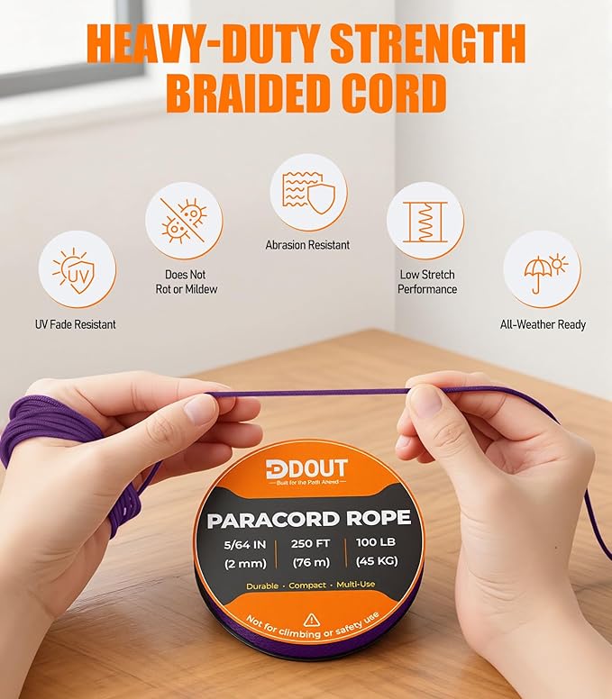 DDOUT 2mm Paracord 100lb, Thin Micro Paracord Rope, Purple 250FT Nylon Cord for Crafting, DIY Projects, Fishing, Camping & Outdoor