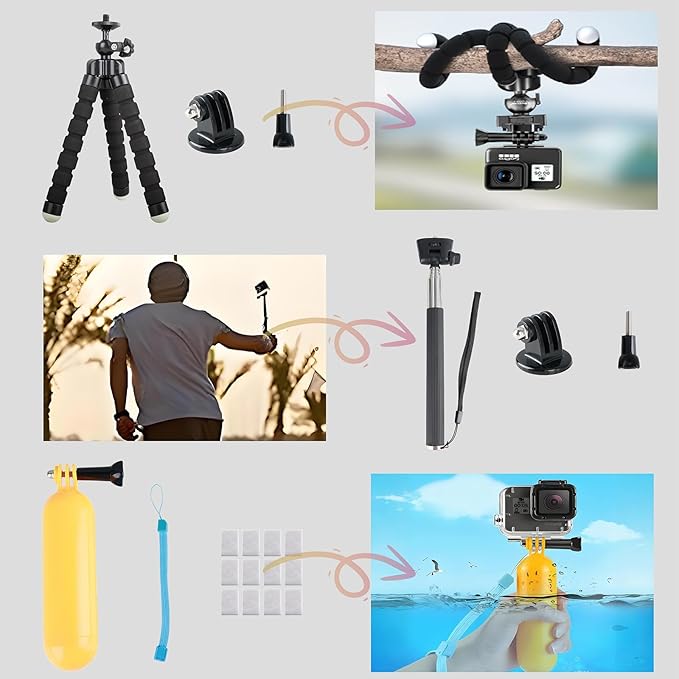 Action Camera Accessory for GoPro Hero 12/11/10/9/8/7/6/5 DJI Osmo Action 5 Pro/Action 4 / Action 3, AKASO EK7000 Insta360 X2 X3 DBPOWER APEMAN Yi VicTsing