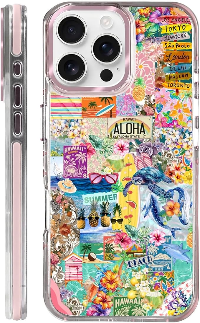 Case for iPhone 16 Pro,[Compatible with MagSafe],Hawaii Aloha Cover Coastal Beach Collage Phone Case Design，for Women Girls Magnetic Clear Cover - Slim, Sleek, & Shockproof Protection