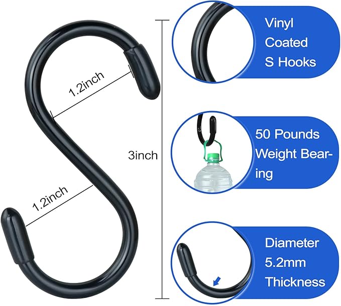 DINGEE 20 Pack Rubber Coated S Hooks for Hanging Plants,Heavy Duty S Hook,Non Slip 3 Inch Closet S Hooks,Steel Metal Black Vinyl Coated Small Hanging Hook for Jeans Pots and Pans Coffee Cups