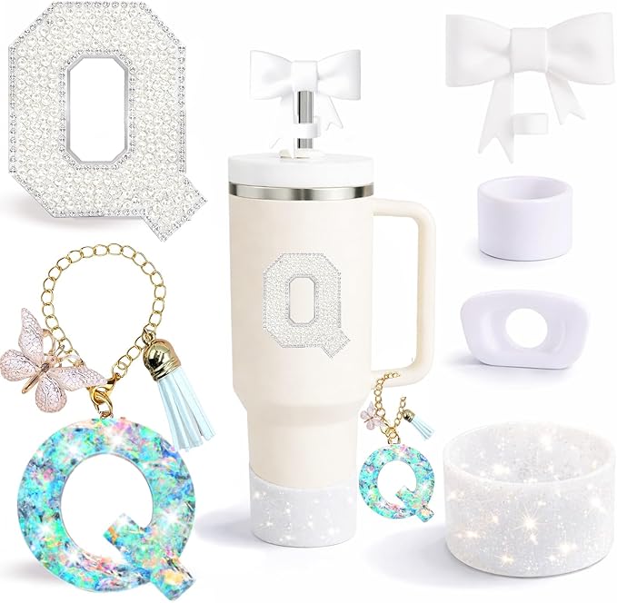 6PCS White Stanley Cup Accessories Set Fit for Stanley Cup 30oz 40oz. Including Handle Charm, Personalized Initial Sticker, Straw Topper, Sparkly Silicone Boot, Spill Proof Stopper (Letter-Q)