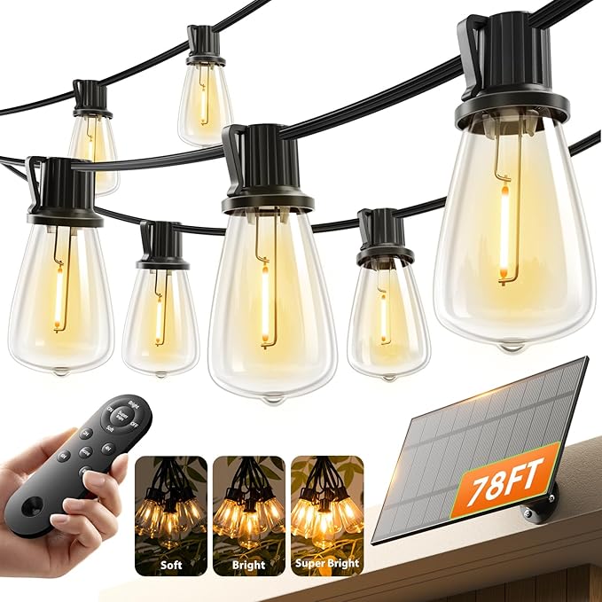 KYY 78FT(72+6) Solar String Lights Outdoor with USB Port Remote Control, LED Waterproof Solar Powered Patio with 24 Sockets, Heavy-Duty and UL Listed Porch Market Lights