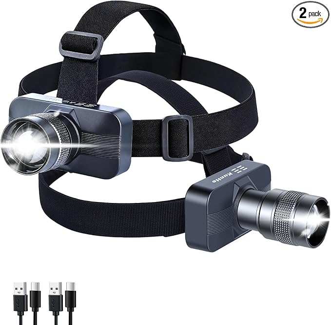 KunHe 2 Pack 333LM Aluminum Alloy Headlamp 1800mAh Rechargeable Headlamp with Zoomable 150M Long Beam IP65 Waterproof 3 Modes High Low Strobe for Outdoor Camping Construction Work Emergency