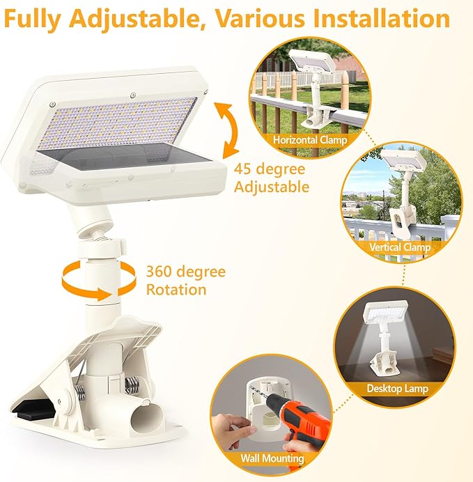 Clip On Solar Lights Outdoor with Motion Sensor, 360°Rotatable & Vertically Adjustable Solar Fence Lights with 92 LEDs (600 LM, 6000 K),IP65 Waterproof Security Light for Deck, Gutter（White, 1 Pack）