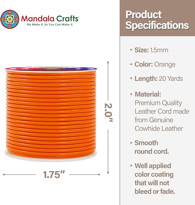 Mandala Crafts Round Genuine Orange Leather Cord for Jewelry Making – 1.5mm Cowhide Leather Rope String Lace for Kumihimo – 20 Yards Cowhide Craft Cording Spool
