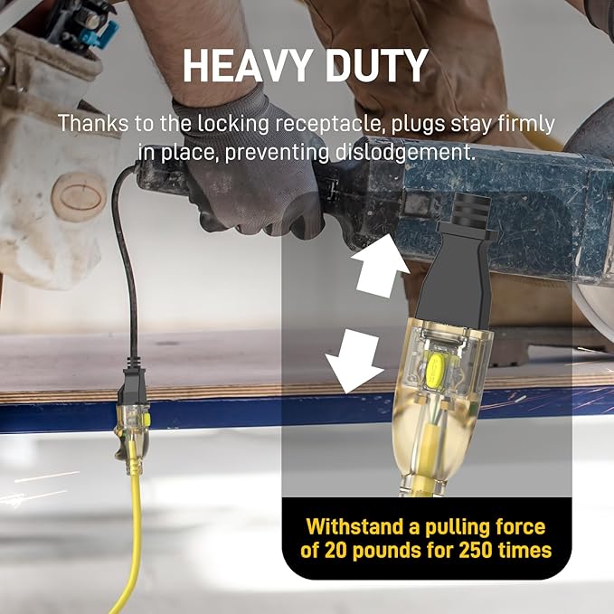 25FT 12/3 Gauge Heavy Duty Outdoor Extension Cord Waterproof, Weatherproof -58°F to 140°F with Lighted Outlet & Press-Release Lock, 15A 1875W 3 Prong, SJTW Electrical Power Cord, ETL Listed (Yellow)
