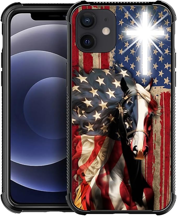 for iPhone 12/12 Pro Case, Red American Flag Horse Cross Pattern Graphic Design Girl Boy Soft Silicone Hard Acrylic Shock Protection for iPhone 12/12 Pro