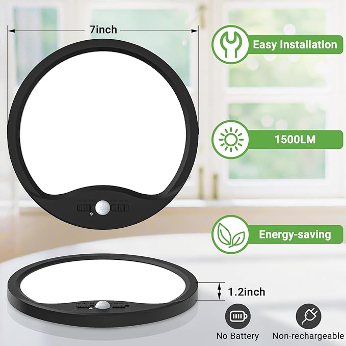 zemty 2Pack 7inch Motion Sensor Ceiling Lights Wired, 15W 1500lm 3CCT/3 Mode/30-120s Timer, Bright Black LED Flush Mount Light Fixture Motion Activated for Closet Pantry Hallways Stairwells Garage