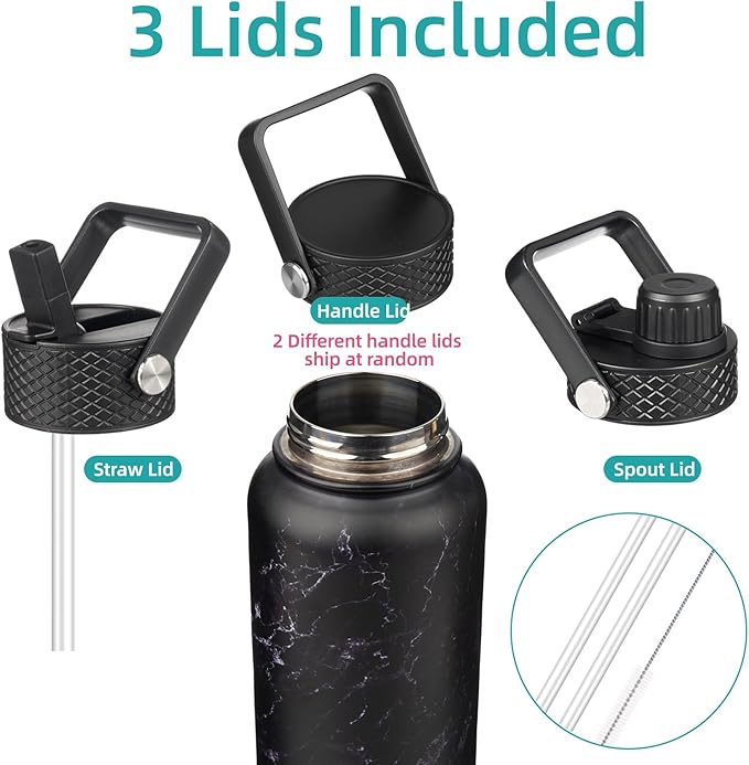 Konokyo 40oz Insulated Water Bottle Stainless Steel Sport Bottles with 3 Lids,Marble Midnight