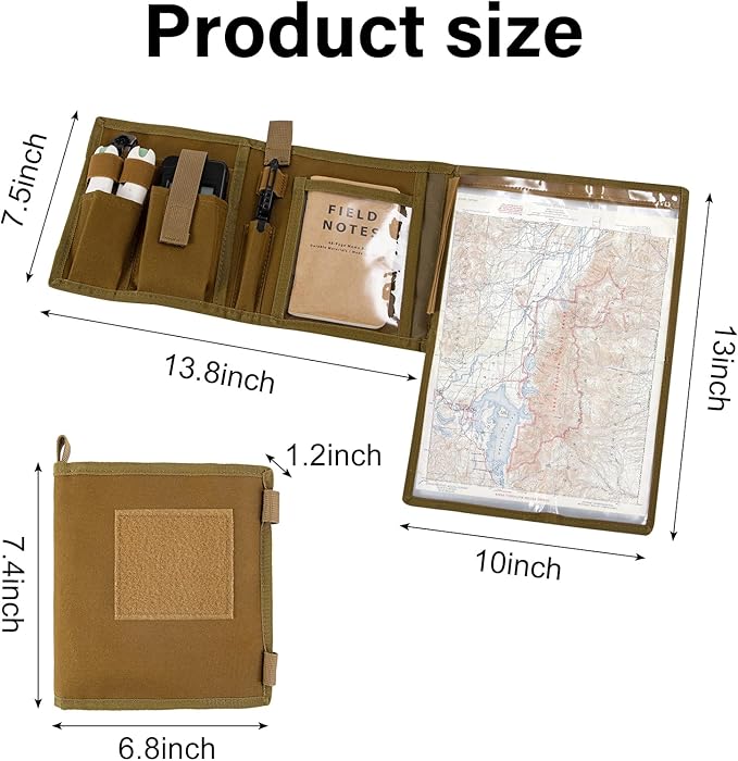 Map Case with Waterproof, Multifunctional Tactical Pouch with 13 x 10 Inch Clear Window for Reading Map While Outdoors or Hiking, 1000D Oxford + Waterproof TPU