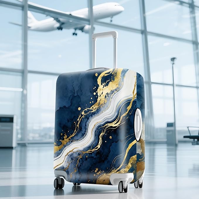 ANNA QUEEN Blue Abstract Marble Travel Luggage Cover -Stretchable Airplane Suitcase Protector Sleeve,Universal Washable Fit for 20-22 Inch Checked Baggage,Water Resistant Durable Luggage Protector