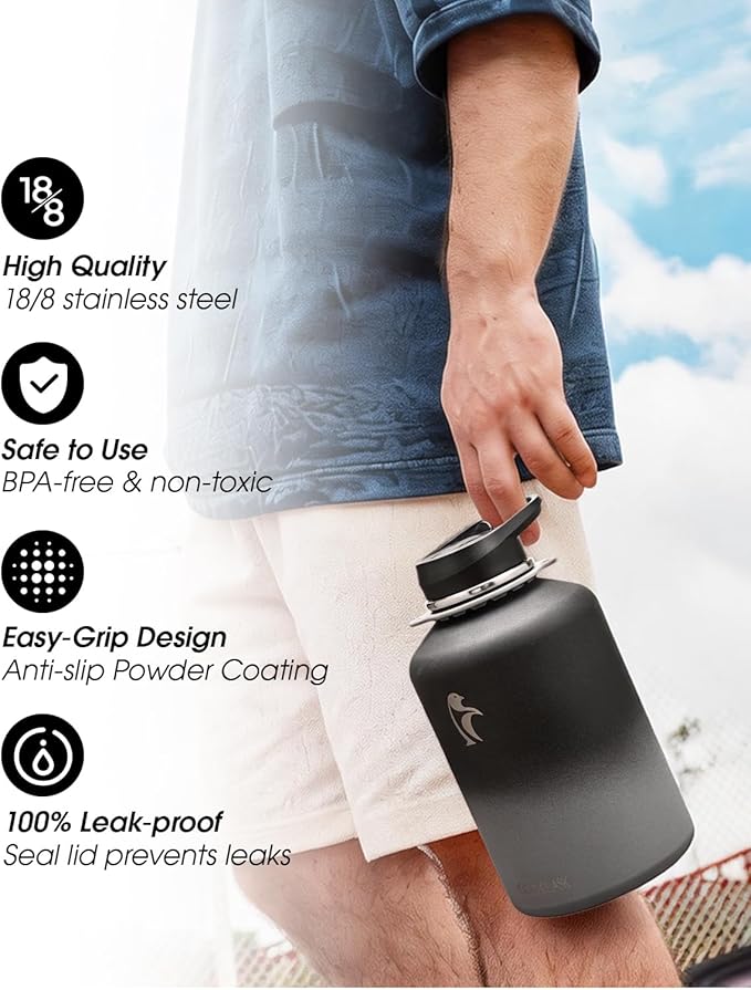 Coolflask Half Gallon Water Bottle with Strap, 64oz Insulated Water Jug Stainless Steel with Straw & Spout Lids, Metal Large Water Flask, Keep Cold 48h Hot 24h, Leak Proof, Non-BPA, Piano Night