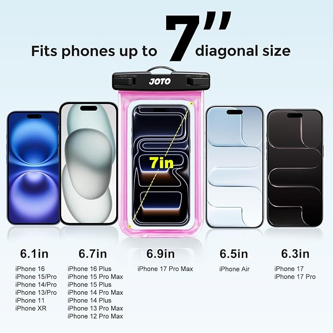 JOTO Up to 7" Universal Waterproof Phone Case for iPhone 17 Air 16 15 14 13 12 11 Plus Pro Max, IPX8 Cellphone Dry Bag XR X SE, Galaxy S23 S22 S21 S20+ S20 S10 Plus Note, Pixel -Pink