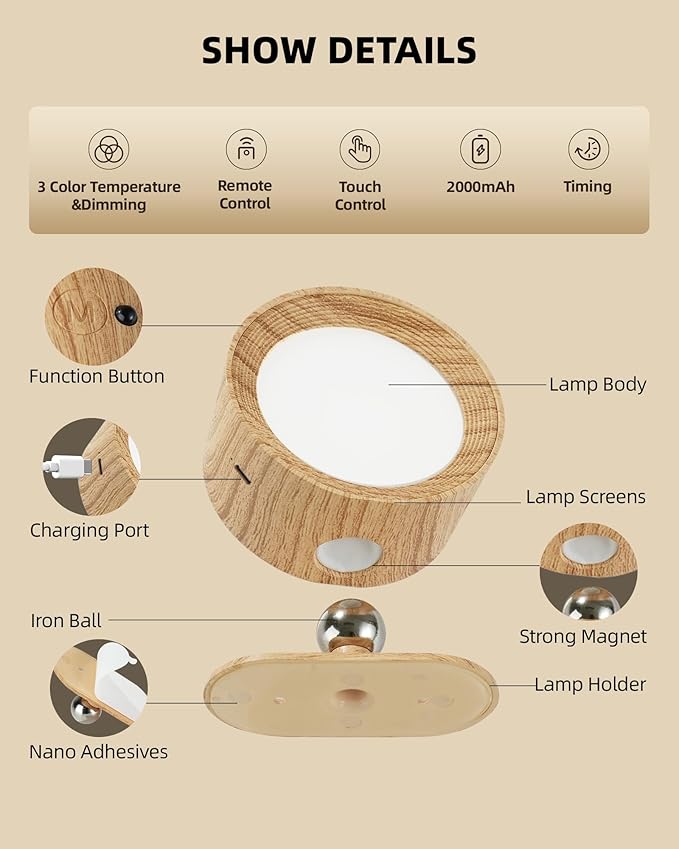 LED Wall Mounted Lights, 2 Pack Rechargeable Wall Sconce Lamps, 3 Color Temps & Remote and Touch, 360° Rotation Dimmable Cordless Wall Light for Study Bedroom Reading Bedside (Wood)