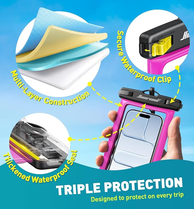 Hiearcool Universal Waterproof Phone Pouch,IPX8 Cell Phone Waterproof Case Up to 8.3" for iPhone 17 16 15 14 13 Pro Max,Beach Essentials Vacation Must Haves-Clear&Bright Red-2Pack