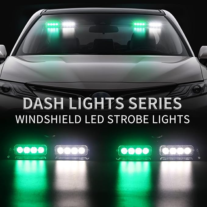 XRIDONSEN 2 in 1 Green White Dash Emergency Strobe Lights Interior Windshield Warning Safety Flashing Lights w/Suction Cups for Construction Vehicles, Truck (2×7.16 inch, 16 LED)