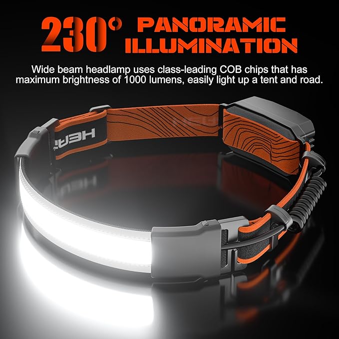 Hopedone 2 Packs Rechargeable Headlamp, 230°Wide-Angle 1000 Lumens Headlamp Flashlight with Red Taillight 3 Light Modes Lightweight LED Head Lamp Adjustable Waterproof Head Light for Running Cycling