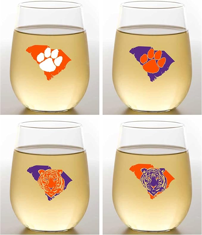 Wine-Oh! Set of 4 Shatterproof Designer 16 oz Plastic Wine Glasses MADE in the USA (CLEMSON)