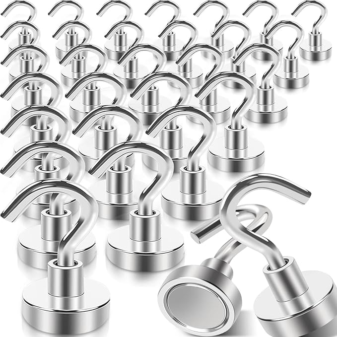 30Pcs Super Strong Magnetic Hooks, 25lbs Magnetic Hook Heavy Duty for Hanging, Rare Earth Neodymium Magnet Hooks, for Cruise Ship Camping Grill Kitchen Fridge Garage Wall