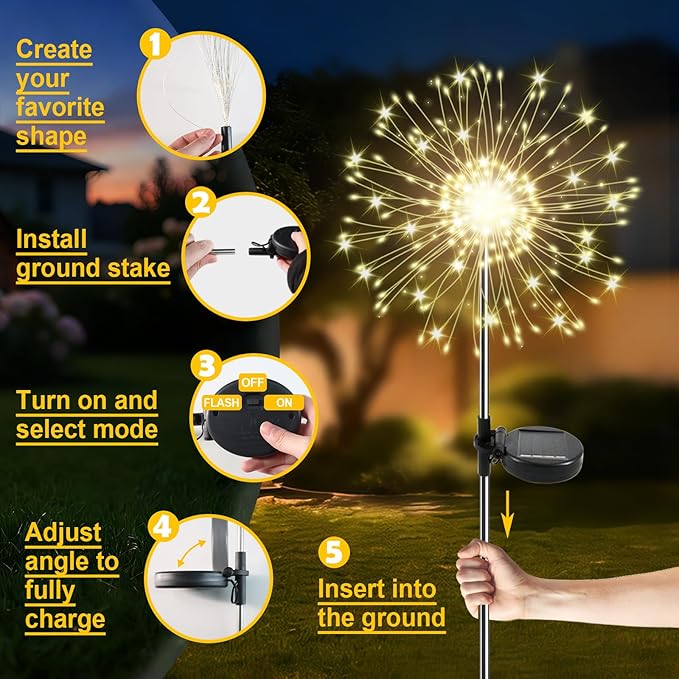 Solar Garden Lights Outdoor, 4 Pack 120 LED Twinkling Firework Lights Decorative with 2 Modes, Outdoor Waterproof Solar Starburst Light for Yard Pathway Planter Patio Decor, Warm White