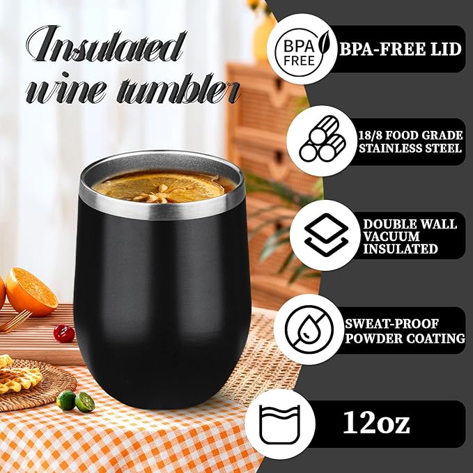 12oz Stemless Wine Tumbler with Lid Double Wall Insulated Wine Cup Stainless Steel Glasses Tumbler with Straw Insulated cocktail Tumbler Coffee Mug for Hot and Cold Beverages (Multicolor-1,4Pack)