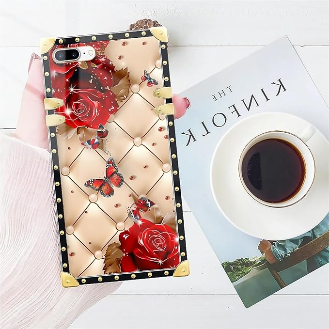 Compatible with iPhone 8 Plus 7 Plus Case, Shining Red Rose Butterfly Leather Background Luxury Golden Decoration for Girl Women Soft TPU Shockproof Protective Hard PC Back