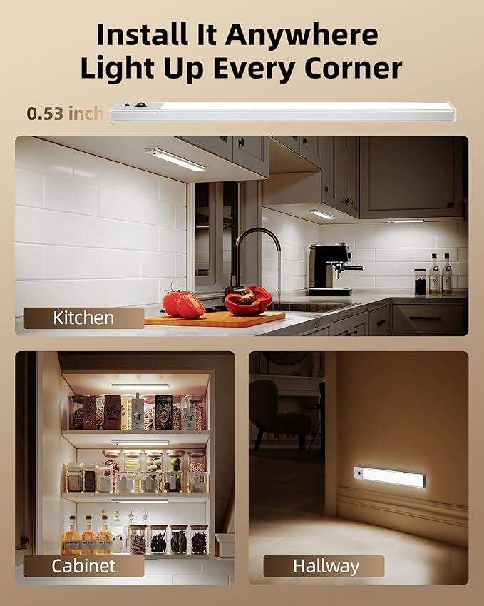 EZVALO 5-Pack Under Cabinet Lighting, 3300mAh Rechargeable Motion Sensor Light, 12inch Magnetic Closet Lights with Dimmable & 3 Color Temps, Wireless Motion Activated Lights with Remote for Kitchen