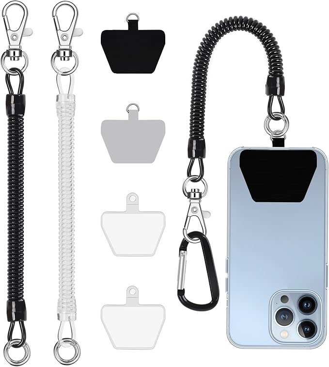 takyu Phone Tether, 2PCS Phone Lanyard Tether with 4*Patch and 1*Carabiner for Outdoor Hiking Cycling Climbing Skiing Compatible for iPhone Samsung Pixel Most Smartphones(Black+Clear)