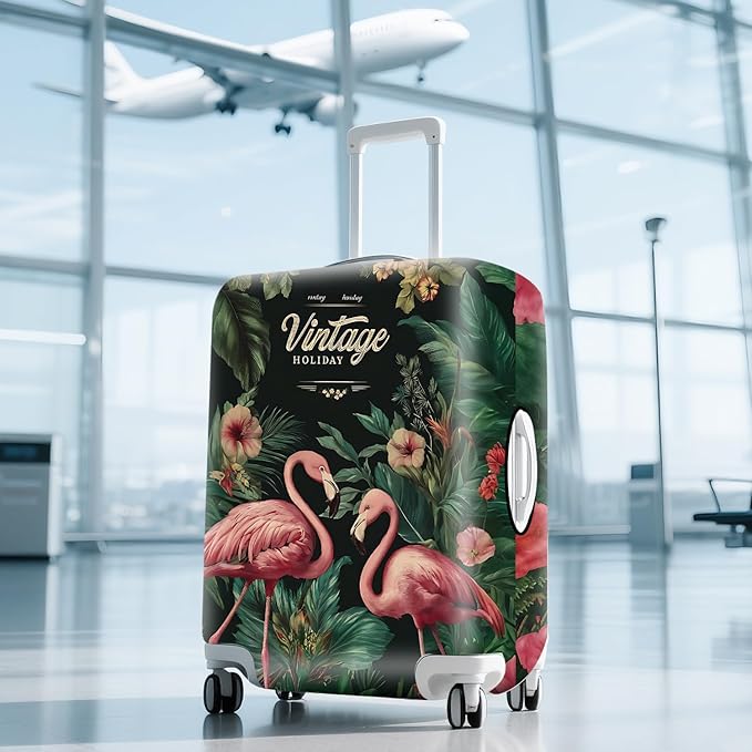 ANNA QUEEN Tropical Pink Flamingos Travel Luggage Cover -Stretchable Airplane Suitcase Protector Sleeve,Universal Washable Fit for 20-22 Inch Checked Baggage,Water Resistant Durable Luggage Protector
