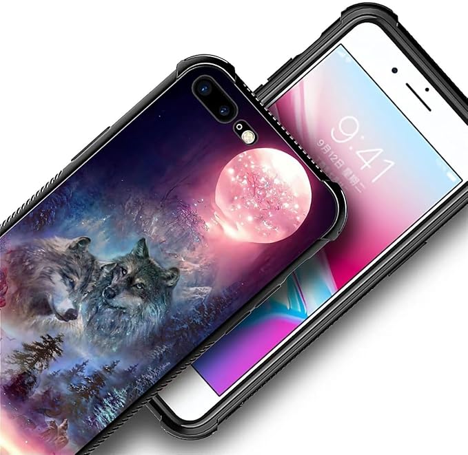 for iPhone 7/8 Case, Star Two Wolfs Howling Pattern Graphic Design Girl Boy Soft Silicone Hard Acrylic Shock Protection for iPhone 7/8
