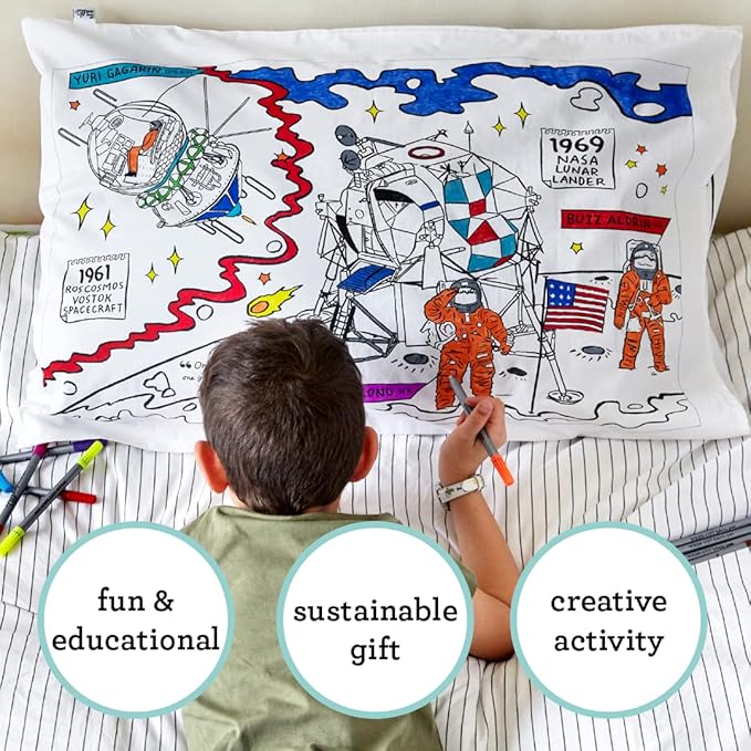 eatsleepdoodle - Coloring Pillowcase for Kids – Reusable DIY Pillow Cover with Washable Markers, Educational Arts & Crafts Activity for Boys & Girls, Fun Gift for Creative Play, Machine Washable