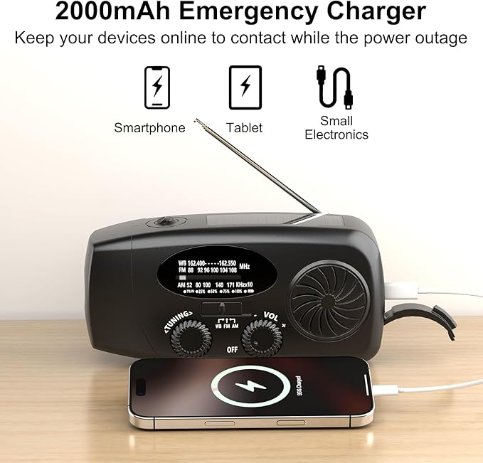 Weather Emergency Radio, Portable Solar AM/FM/NOAA Hand Crank Radio, Cell Phone Charger with SOS, 1W LED Flashlight, Headphone Jack, Power for Emergency Preparedness (Black)