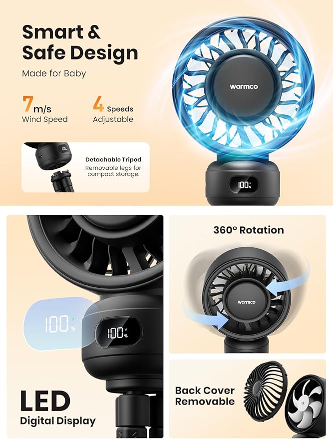 Warmco Portable Stroller Fan, 4000mAh Rechargeable Clip On Fan with Flexible Tripod (Up to 15H), 4 Speeds, LED Display, Detachable Grille, Quiet Operation, for Car Seat, Crib & Treadmill