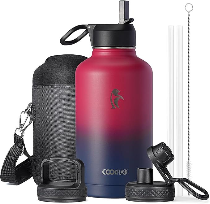 Half Gallon Water Bottle Insulated with Straw & 3 Lids, Coolflask 64 oz Water Jug Large Metal Stainless Steel Wide Mouth for Sports, Gym or Office, Non-BPA Keep Cold 48H Hot 24H, Ombre Wine/Navy