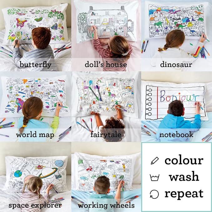 Coloring Pillowcase for Kids – Reusable DIY Pillow Cover with Washable Markers, Educational Arts & Crafts Activity for Boys & Girls, Fun Gift for Creative Play, Machine Washable - eatsleepdoodle