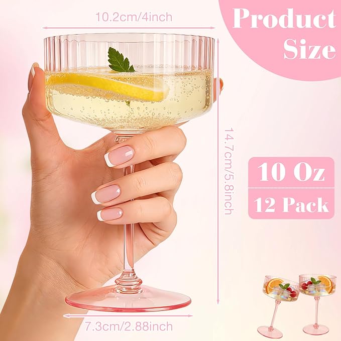 PLULON 24 Pcs Pink Champagne Martini Glasses Set 10 Oz Plastic Ribbed Coupe Cup, Cocktail Glasses Champagne Cup Tower Vintage Margarita Glassware for Clubs Gifts Wedding Bachelor Party Outdoor Events