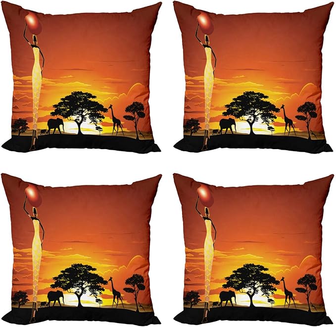 Ambesonne Elephant Throw Pillow Cushion Case Pack of 4, Woman and Wild Landscape with Animals, Modern Accent Double-Sided Digital Printing, 20", Orange Black