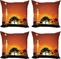 Ambesonne Elephant Throw Pillow Cushion Case Pack of 4, Woman and Wild Landscape with Animals, Modern Accent Double-Sided Digital Printing, 20", Orange Black