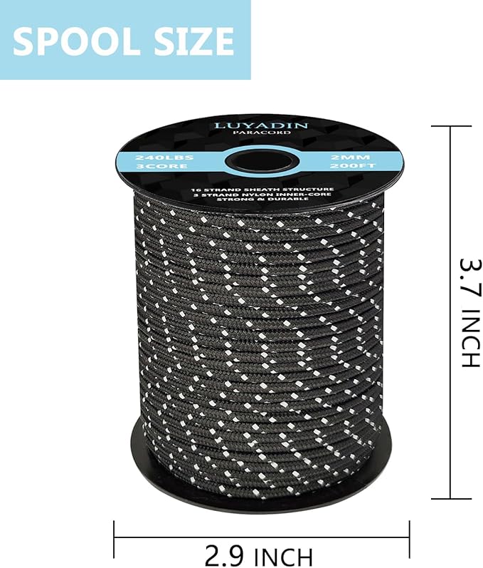 Reflective Paracord 240lb - Diameter 2mm Micro Utility Cord -3 Strand Parachute Spool Cord - 100ft 200ft,Paracord for Camping,Hiking,Fishing,Outdoor and DIY