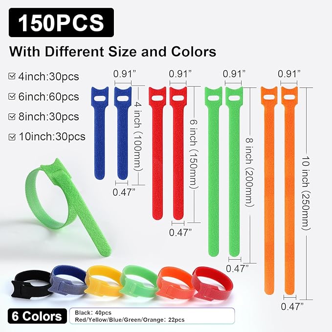 150PCS Cable Ties, 4+6+8+10 inch Multi-Colour Straps for Cable Management, Adjustable Fastening Cord Wraps, Multi-Purpose Reusable Hook and Loop for Home, Office and Garage