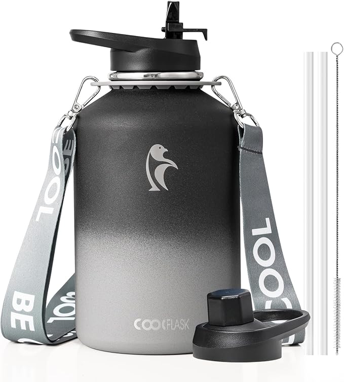 Coolflask Half Gallon Water Bottle with Strap, 64oz Insulated Water Jug Stainless Steel with Straw & Spout Lids, Metal Large Water Flask, Keep Cold 48h Hot 24h, Leak Proof, Non-BPA, Piano Night
