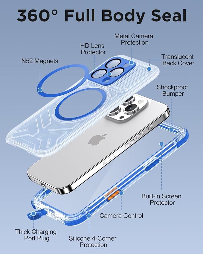 for iPhone 16 Pro Waterproof Case with Magsafe, Built-in [Camera & Screen Protector] [Lanyard], IP68 Water Proof Full Body Dustproof Heavy Duty Frosted Protective Phone Cover, 6.3" Blue